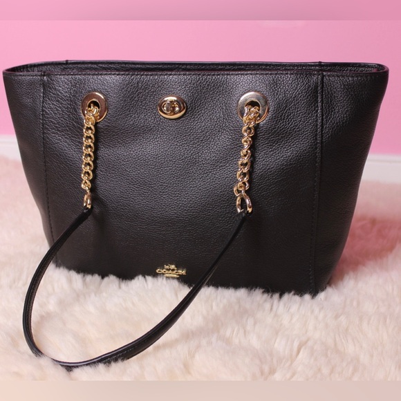 COACH Turnlock Chain Black Leather Tote Bag - Picture 3 of 7